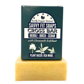A box of Savvy Fit Soaps Cross Bar in Neroli, Birch, and Cedar, showcasing a plant-based, USA-made natural skincare product.